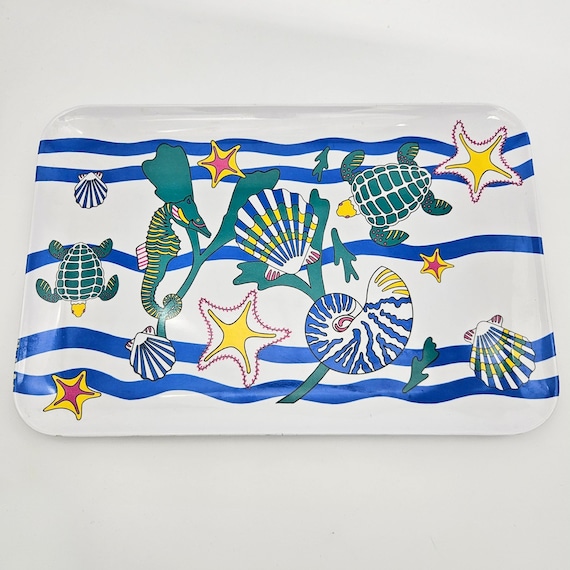 Vintage 80s TAIPRO Sea Life Melamine Serving Tray 16.5 x 11 Coastal Nautical Turtle Seahorse Shells Ocean Beach Decor