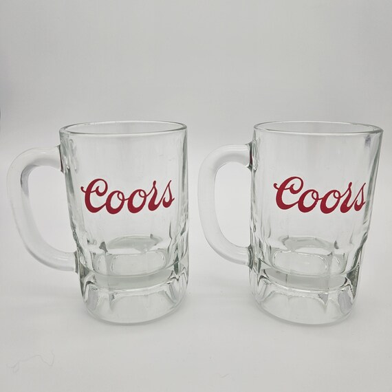 Set of 2 Vintage Coors Beer Mugs – Heavy Weighted Clear Glass Shorty Style – 10 oz – 5" Tall – Barware – Brewery Decor