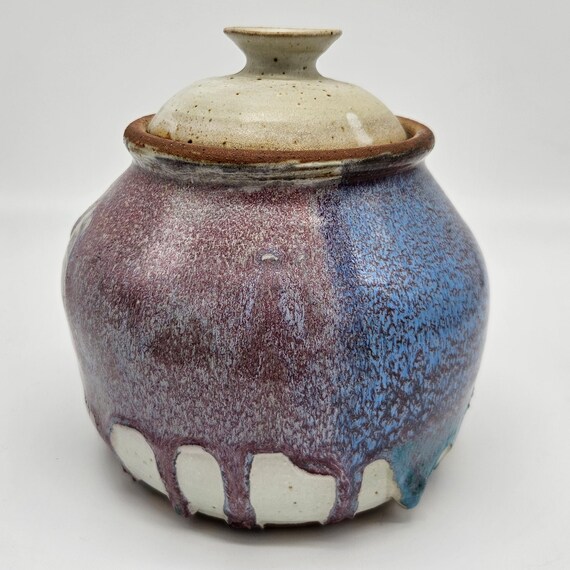 Signed K. Valentiner Studio Pottery Lidded Jar – Silver, Turquoise, Blue & Plum Stoneware Art Pottery