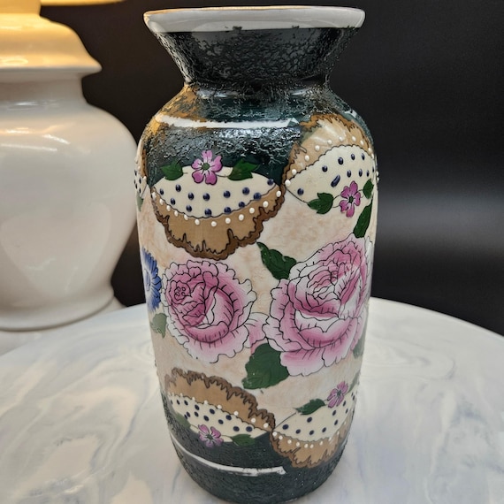 Vintage Cabbage Rose Vase: Hand-Painted Floral Ceramic, Cottagecore Decor