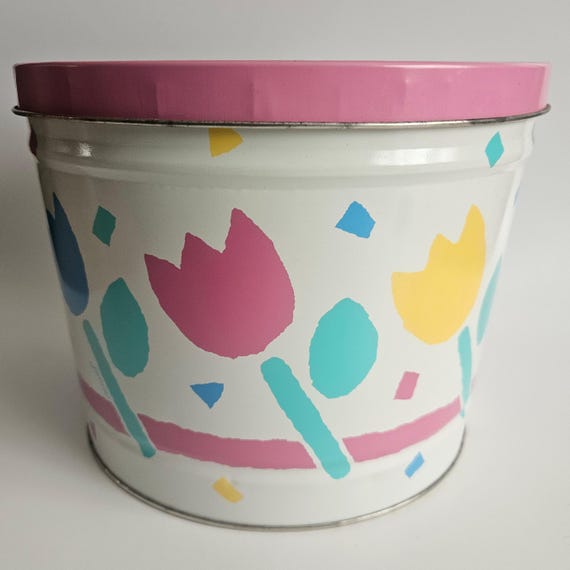 Vintage 1986 Tulip Popcorn Tin – Bertels Can Co – Memphis Style Florals