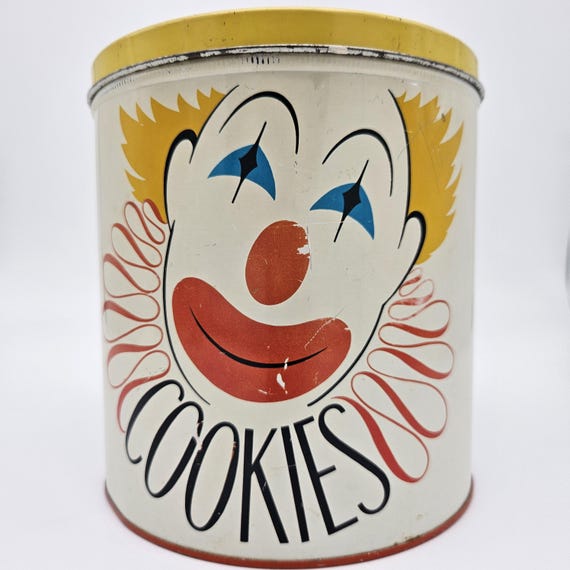 Vintage Decoware USA Clown Cookie Tin – “COOKIES” – Metal Canister – Retro Circus Kitchen Decor