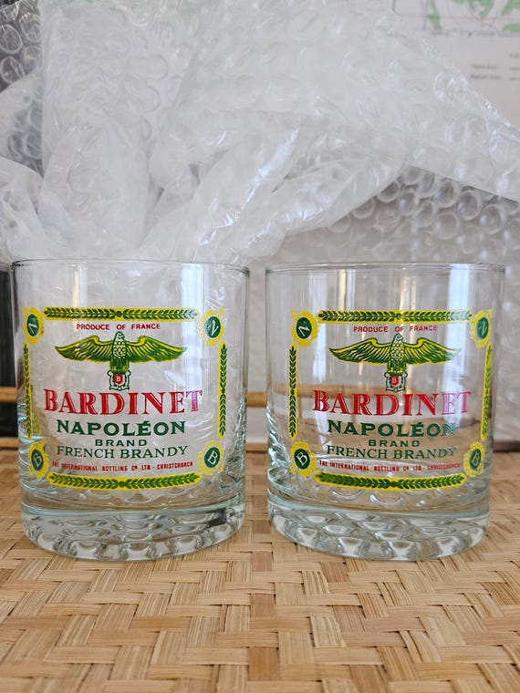 Two vintage RARE Bardinet Napoleon French Brandy Glasses with Hobnail bottoms.V.S.O.P. Very Superior Old Pale collectible Brady memorabilia
