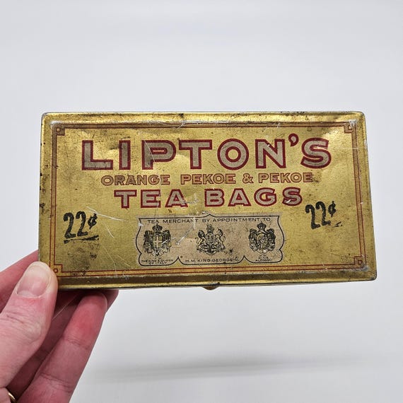 Antique Lipton Tea Tin – 20s Orange Pekoe Tea Bag Case – Early Advertising Tobacco Size
