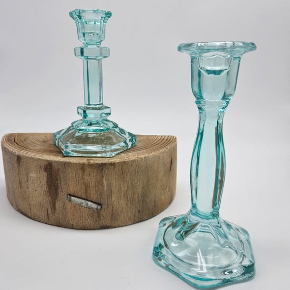 Vintage Aqua Pressed Glass Candlestick Holders – Set – Mismatched
