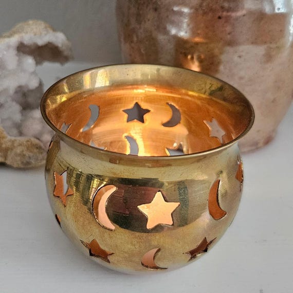 Vintage Celestial Brass Votive Holders Set of 4 – Moon Star Cutout Candle Holders