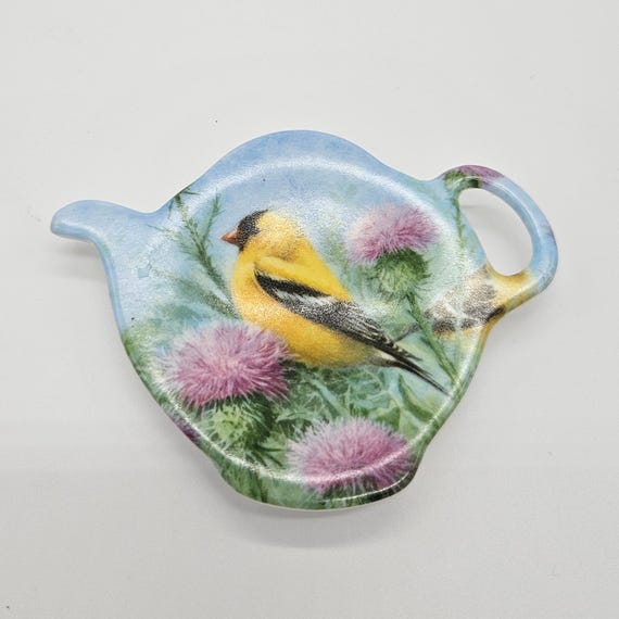 Vintage Italian Melamine Tea Bag Holder — Teapot Shape with Goldfinch Design