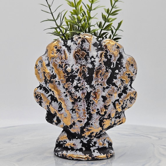 Vintage MCM Fan Shell Vase, Black Gold Drip Glaze, USA Art Pottery