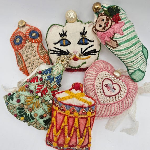 Vintage Handmade Embroidered Textile Christmas Ornaments, Set of 6