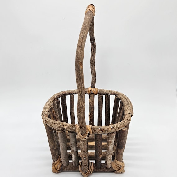 Primitive Twig Gathering Basket – Authentic Rustic Handmade Wood Basket – Adirondack Style