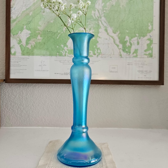 Antique Dugan Glass Candlestick Holder / Vase – Celeste Blue Iridescent Satin Finish – Art Glass Taper Holder – Early 1900s