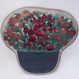 Arabia Finland Helja Liukko-Sundström Ceramic Wall Plaque or Trivet – Red Orange Floral Bouquet – Vintage Scandinavian Art Pottery
