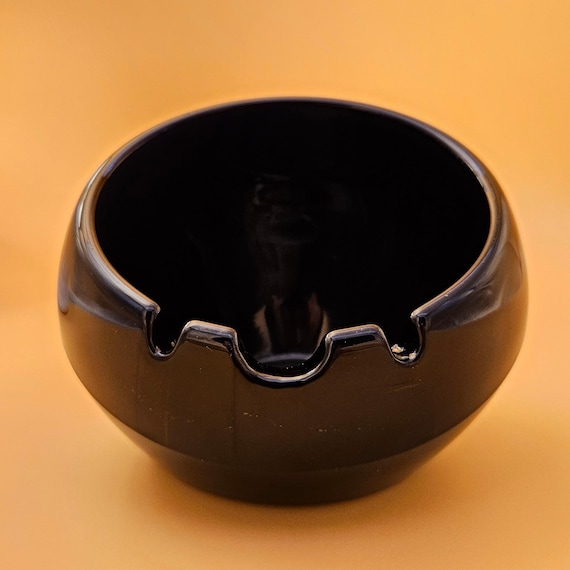 Rare Viking Glass Black Onyx Orb Ashtray – Mid Century Modern Heavy Glass Cigar Rest