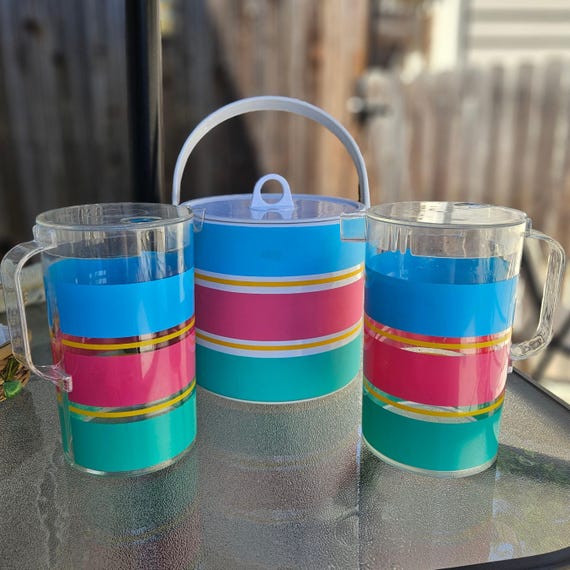 Vintage Lucite Ice Bucket Set - 2 Matching Pitchers Carafes, Teal Pink Yellow Drinkware Set
