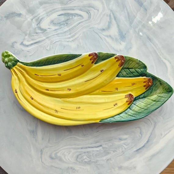 Vintage Banana Spoon Rest / Trinket Dish – Ceramiche Leonardo Made in Italy – 11" Majolica Fruit Decor – Italian Pottery