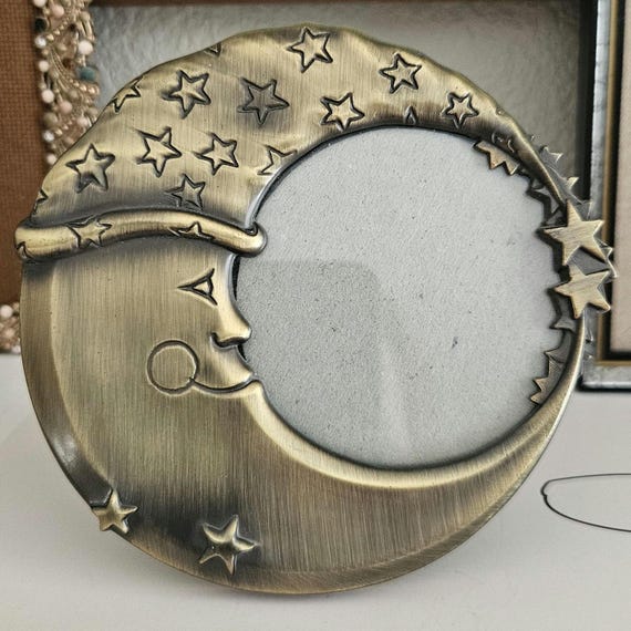 Vintage Used Gold Moon Face Standing Picture Frame - Burnes Round Celestial Moon and Stars 90s Photo Frame - 5" tall