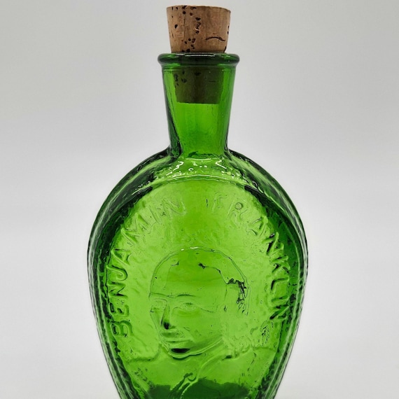 Vintage Wheaton Benjamin Franklin Bottle – Wheaton NJ Glass Flask – Green Americana Decor