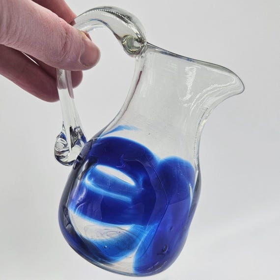Signed Harkness Art Glass Pitcher – 5" Blue Cased Studio Glass
