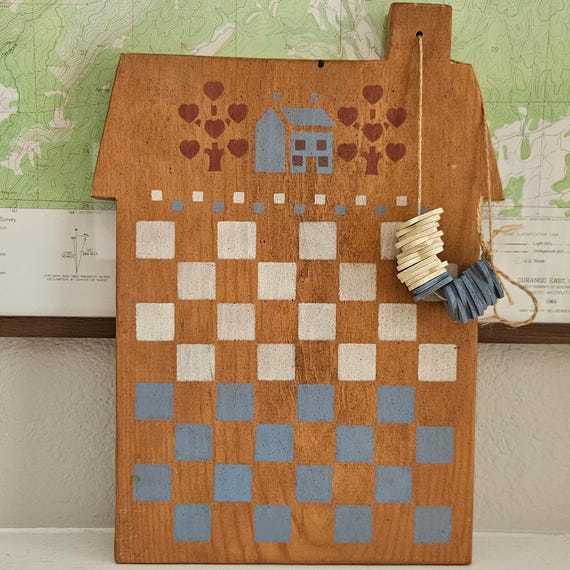 Rustic Checkerboard Wall Decor – 14” Wood Game Board with Heart Tokens – Primitive Style