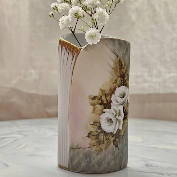 Small Flower Vase - Porcelain Treasures Hand Decorated by Betty Platner - White Roses - Floral Vase