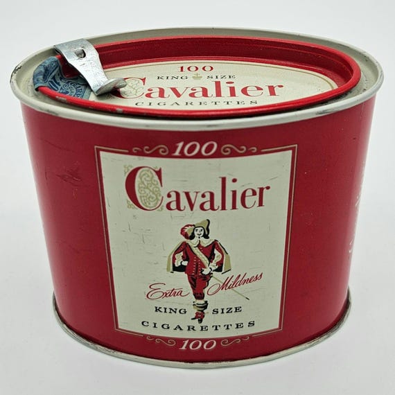 Vintage Cavalier Cigarette Tin Canister – 1950s Tobacco Store Counter Tin – Bar Decor Storage