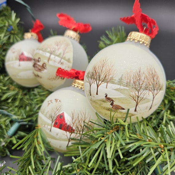 Vintage Hand Painted Glass Christmas Ornaments Set of 4, Geese Winter Scene