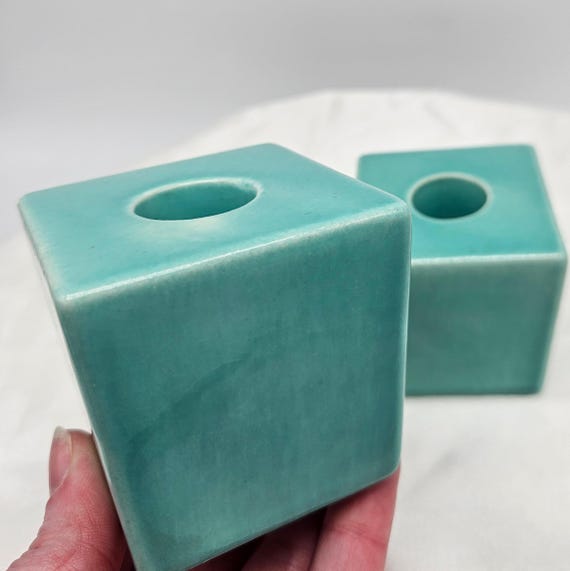 Vintage Turquoise Ceramic Candle Holders – Tapered Square Glazed Pair with Crazing