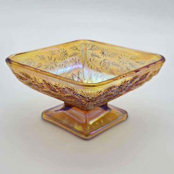 BEAUTIFUL Diamond Shaped Vintage Marigold Amber Carnival Glass Pedestal Dish – Indiana Glass – Iridescent Compote Bowl – Depression Glass