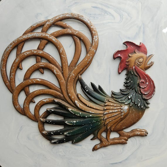 One Midwest Vintage 1970s Metal Rooster Wall Art – approx 10″ × 9″ – Mid‑Century Modern Kitchen or Farmhouse Decor