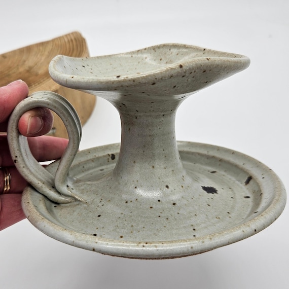 Studio Pottery Chamberstick – Speckled Stoneware Finger Loop Candle Holder
