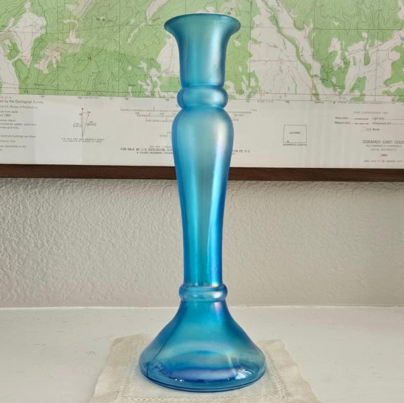 Antique Dugan Glass Candlestick Vase: Celeste Blue Iridescent Art Glass