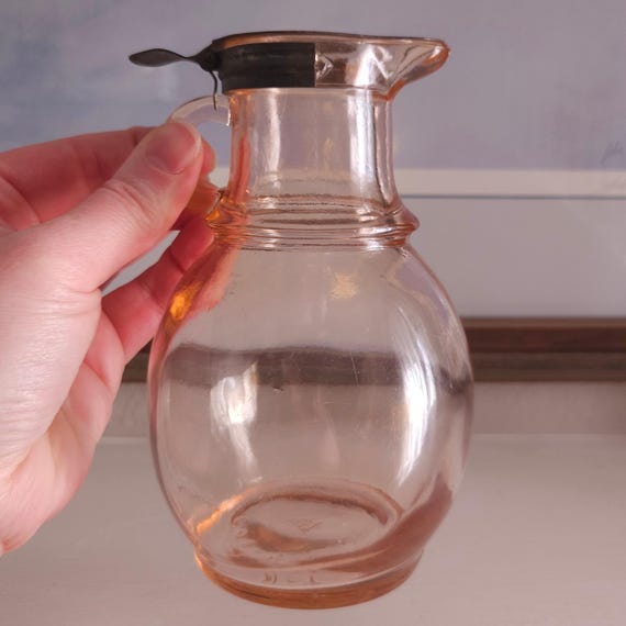 Vintage Hazel Atlas Pink Depression Glass Syrup Pitcher with Finger Loop & Flip Lid