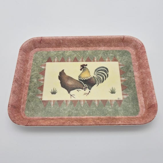 Rare Vintage Melamaster Tray M6 – Rooster and Hen Design – Made in Great Britain – 7.25" x 5.5" – Farmhouse Decor, Cottagecore Kitchen