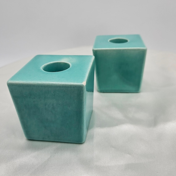 Vintage Turquoise Ceramic Candle Holders – Tapered Square Glazed Pair with Crazing