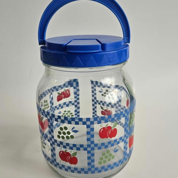Vintage 90s Glass Canister with Pour Lid – Blue Gingham Fruit Kitchen Jar