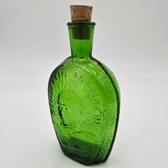 Vintage Wheaton Benjamin Franklin Bottle – Wheaton NJ Glass Flask – Green Americana Decor