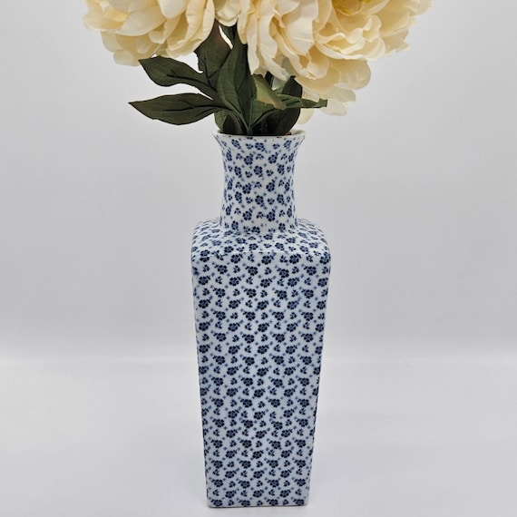 Vintage Asahi Sato Gordon Blue Floral Square Vase – Tall Porcelain Chinoiserie