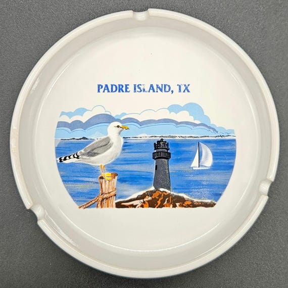 Vintage Padre Island Texas Souvenir Ashtray – Beautiful Lighthouse, Seagull & Sailboat Scene – Coastal Ceramic Decor