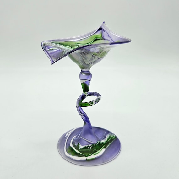 Vintage PENCO Art Glass  – Purple & Green Swirl Votive Holder – Twisted Stem Sculpture