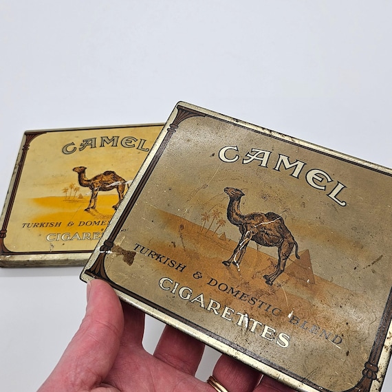 Set of 2 Antique Camel Cigarette Tins – 1930s Turkish & Domestic Blend Tobacco Advertising – R.J. Reynolds