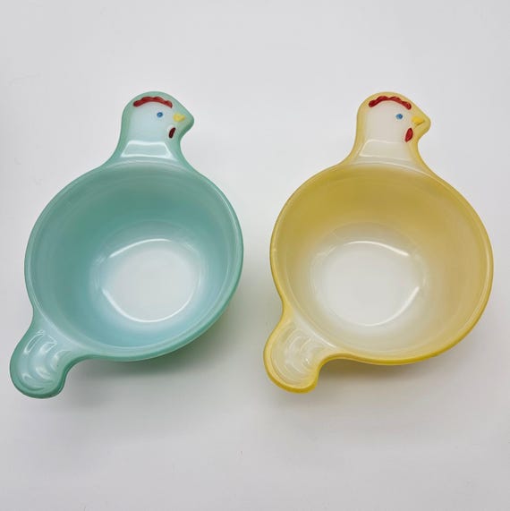 Vintage Glasbake Chicken Bowls – Set of 2 Pastel Blue & Yellow Farmhouse Dishes