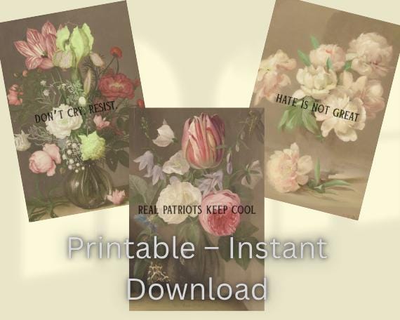Printable Protest Poster Set – Feminist Wall Art – Digital Download – 3 Vintage Floral Prints