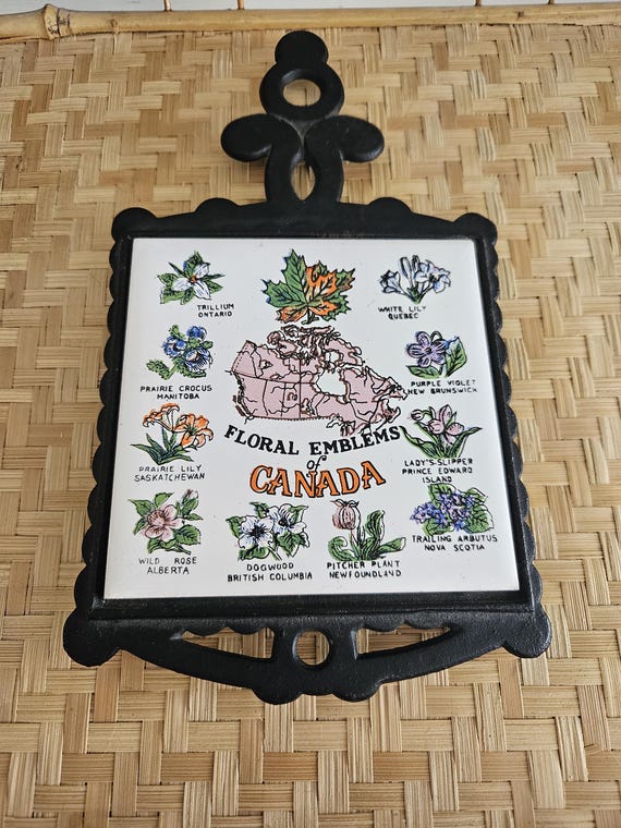 Vintage Cast Iron Trivet with Floral Emblems of Canada design.