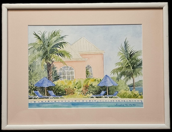 Original Watercolor Ritz Carlton St Thomas Tropical Painting Framed 16.5"x12.5" Signed Art