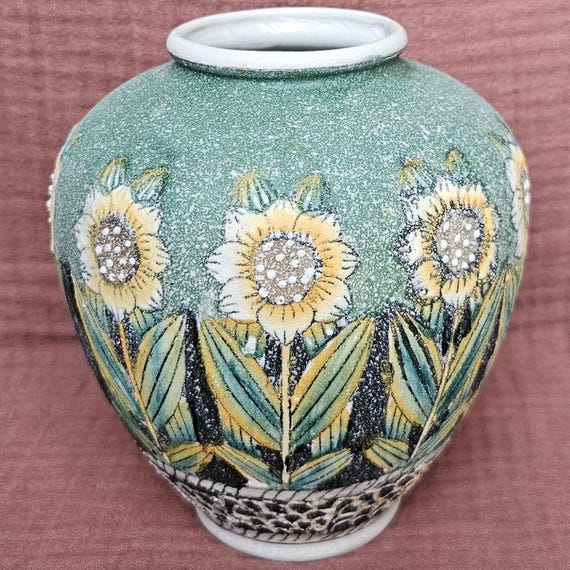 Sunflower Art Pottery Vase – Green Yellow Textured Floral Bud Vase 6"
