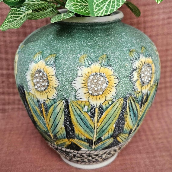 Sunflower Art Pottery Vase – Green Yellow Textured Floral Bud Vase 6"
