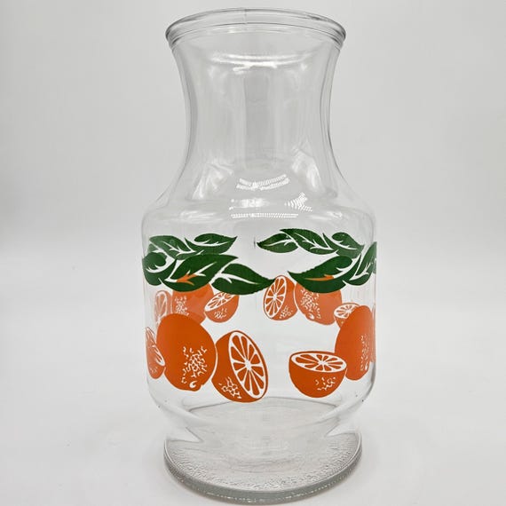 Vintage Anchor Hocking Orange Juice Carafe – 9″ Glass Pitcher – Oranges & Green Leaves – Excellent Condition NO LID