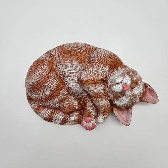 Vintage 1995 Ceramic 10" Cat Figurine – Hand Painted Sleeping Cat – Artist Signed