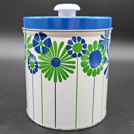 1960s Weibro J.L. Clark Tin Canister – White with Blue & Green Flower Power Design – Retro Kitchen Storage