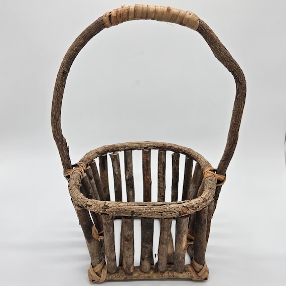 Primitive Twig Gathering Basket – Authentic Rustic Handmade Wood Basket – Adirondack Style